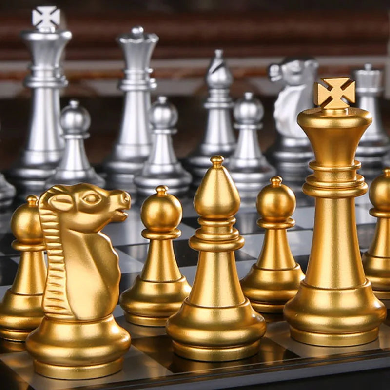 Medieval Folding Classic Chess Set With Chessboard 32 Pieces Gold Silver Magnetic Chess Portable Travel Games For Adults Kid Toy