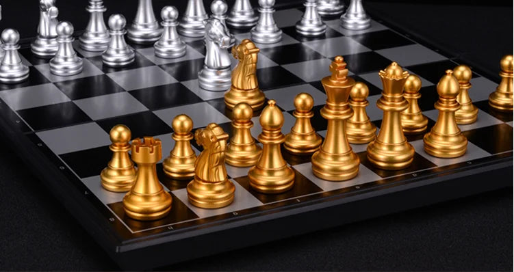 Medieval Folding Classic Chess Set With Chessboard 32 Pieces Gold Silver Magnetic Chess Portable Travel Games For Adults Kid Toy