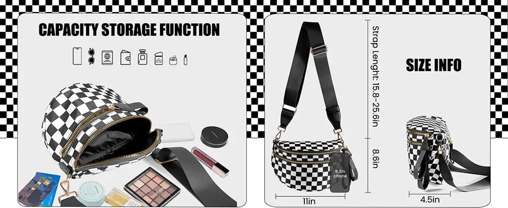 Checkered Crossbody Shoulder Bags High-Capacity Bum Bag for Women Travel Sling Bag Purse with Adjustable Strap