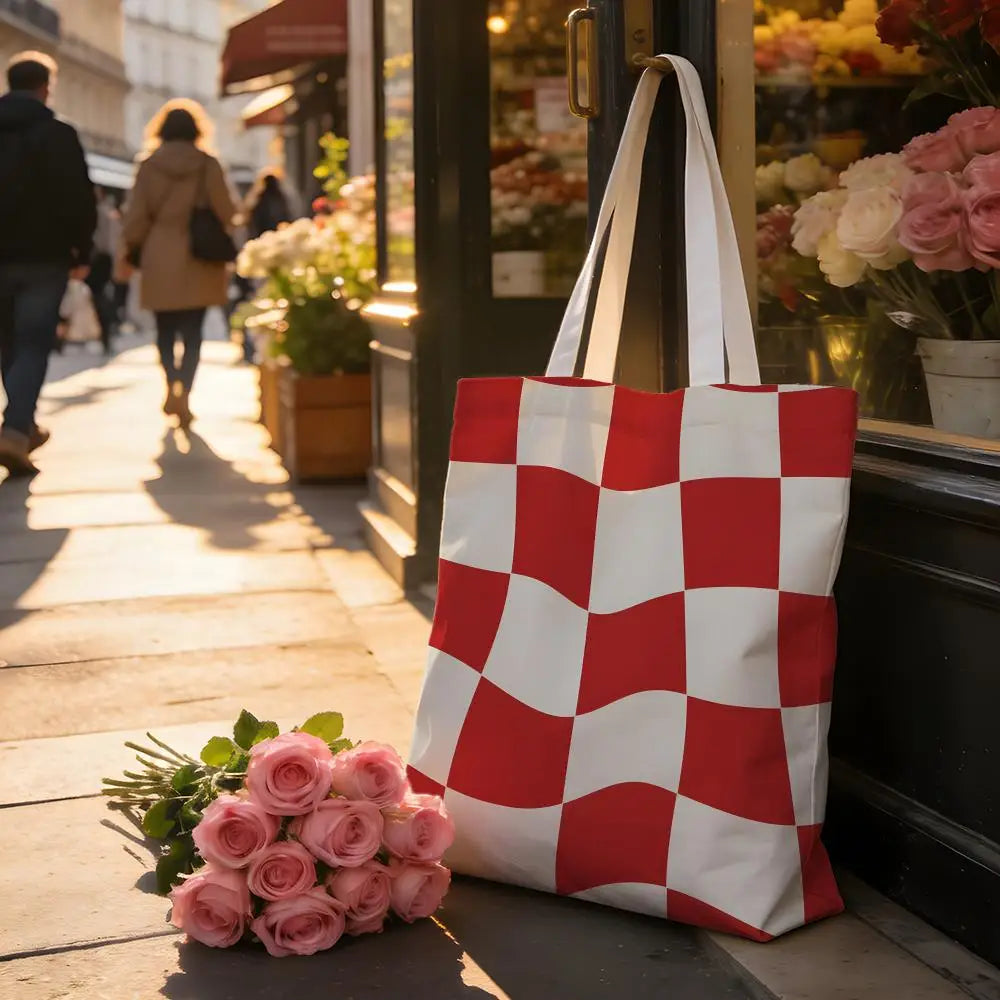 Checkerboard Checkered Board Storage Bags Washable Reversible Shopping Bag with White Handles, for Daily School & Market Use