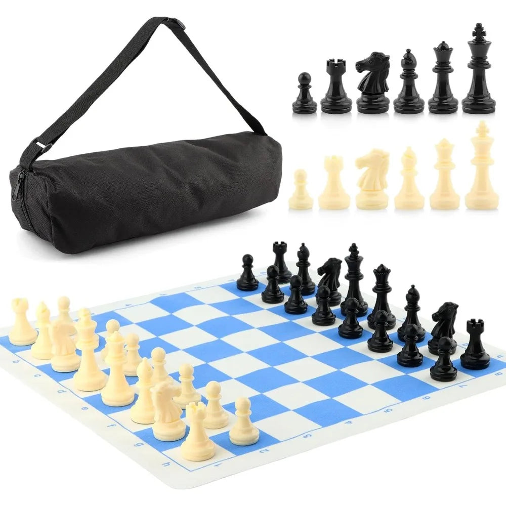 Portable Chess & Checkers Set, 35cm/13.78in Travel Board Games Tournament Chess Mat with Chess & Storage Bag