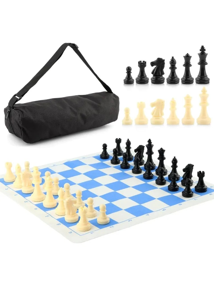 Portable Chess & Checkers Set, 35cm/13.78in Travel Board Games Tournament Chess Mat with Chess & Storage Bag