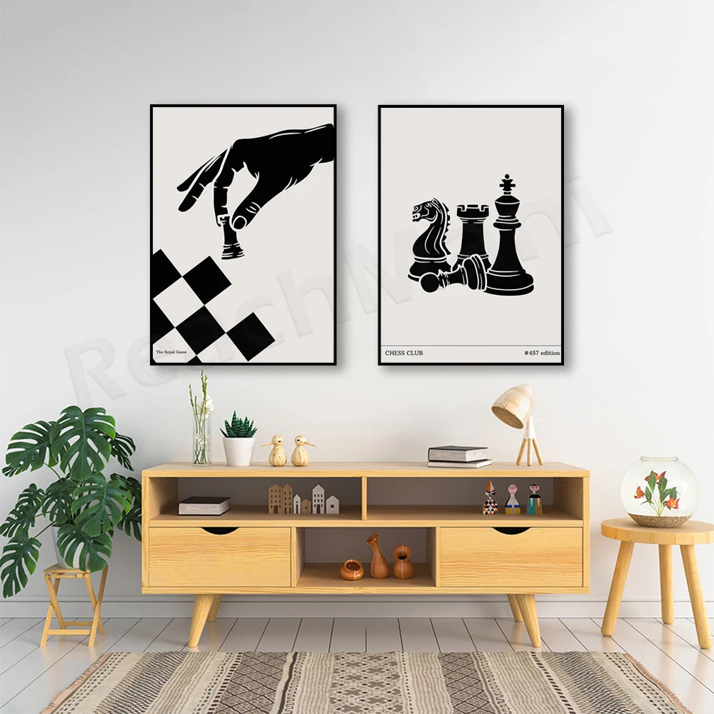 Chess Print, Vintage Chess Poster, Vintage Wall Art Print, Chess Pieces Mid Century Modern Art Decor Gift
