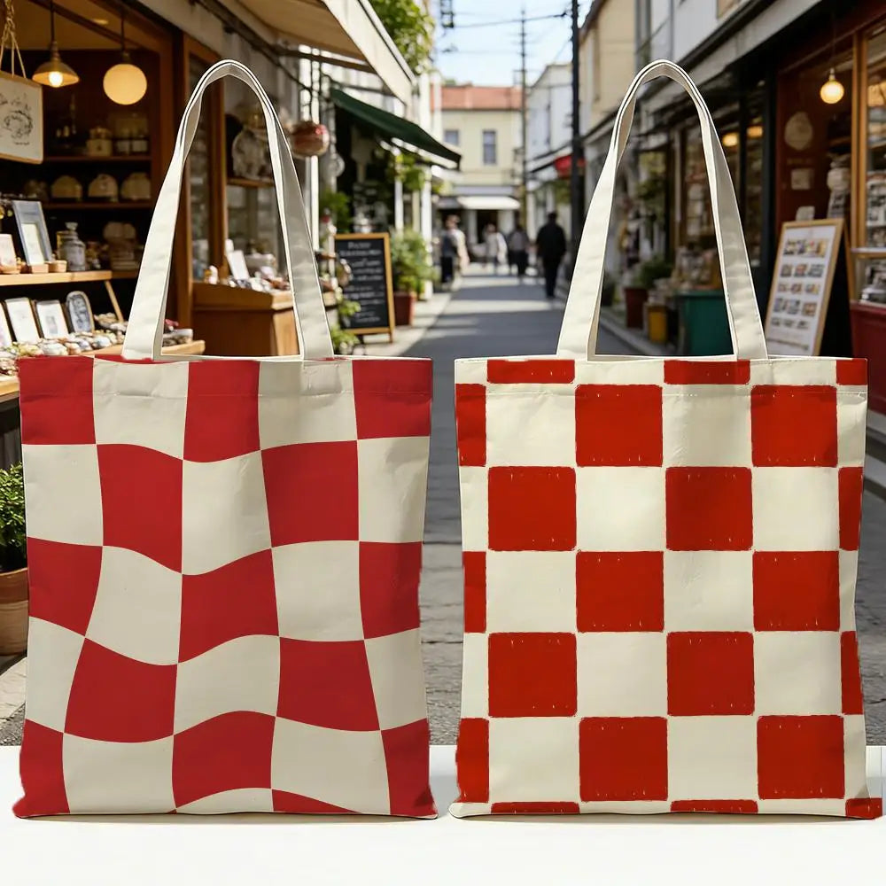 Checkerboard Checkered Board Storage Bags Washable Reversible Shopping Bag with White Handles, for Daily School & Market Use