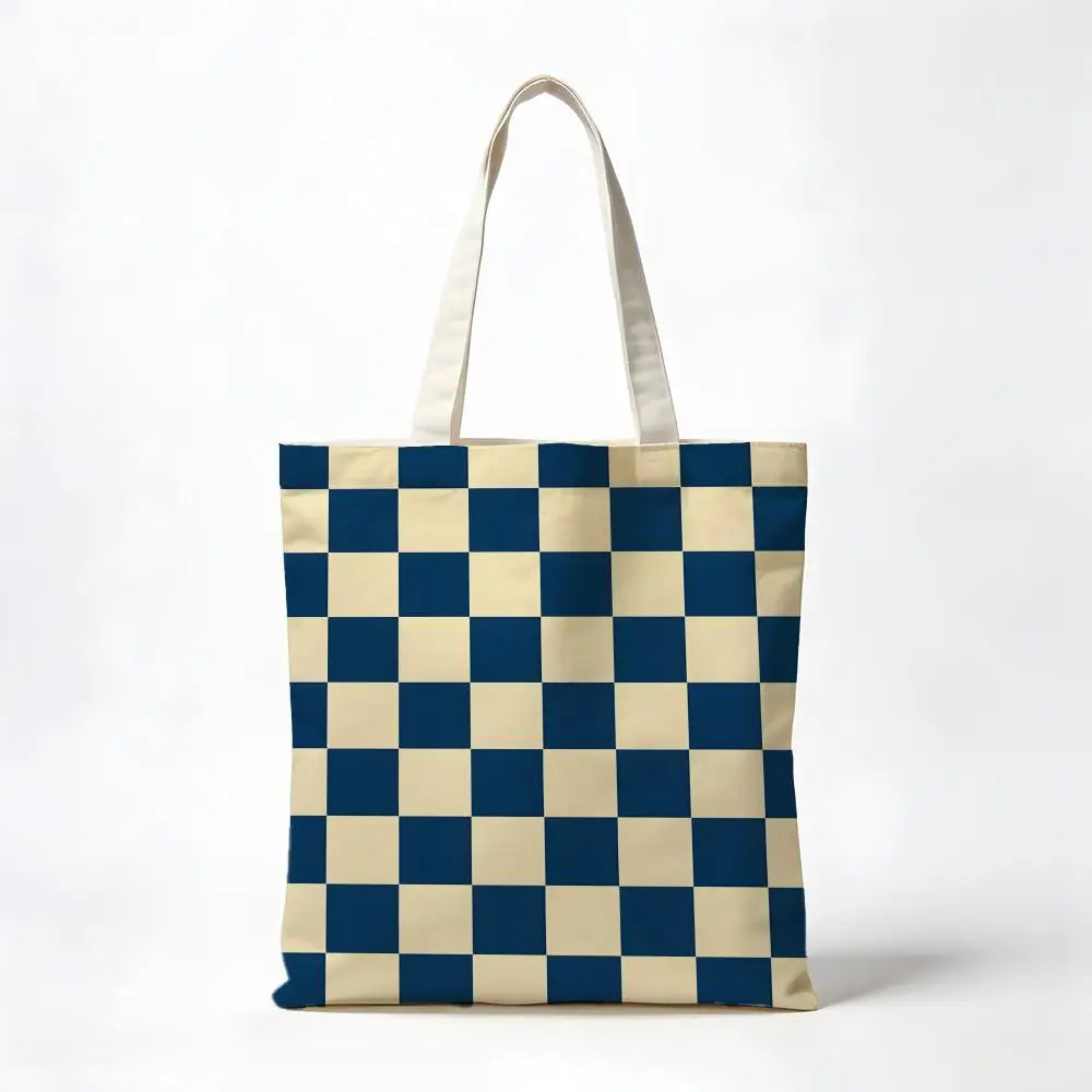 Checkerboard Checkered Board Storage Bags Washable Reversible Shopping Bag with White Handles, for Daily School & Market Use