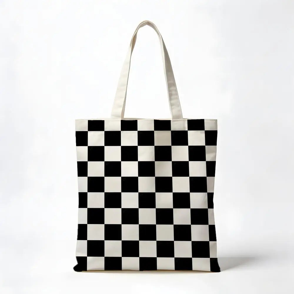 Checkerboard Checkered Board Storage Bags Washable Reversible Shopping Bag with White Handles, for Daily School & Market Use
