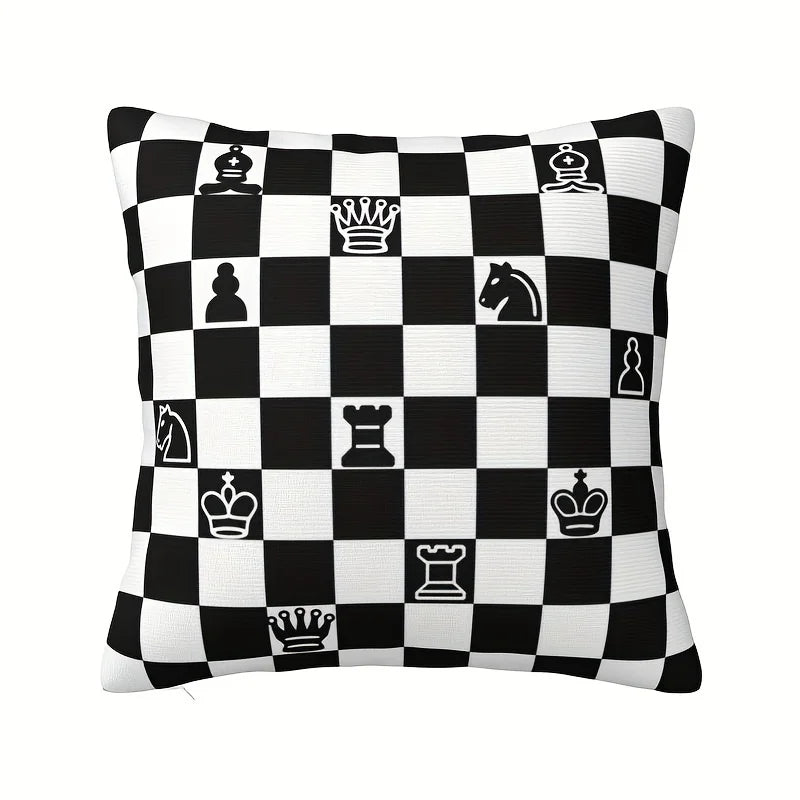 1Pc Chessboard Theme Pillowcase, Black & White Checkered Pattern with Chess Pieces, Decorative Cushion Cover for Home Decor