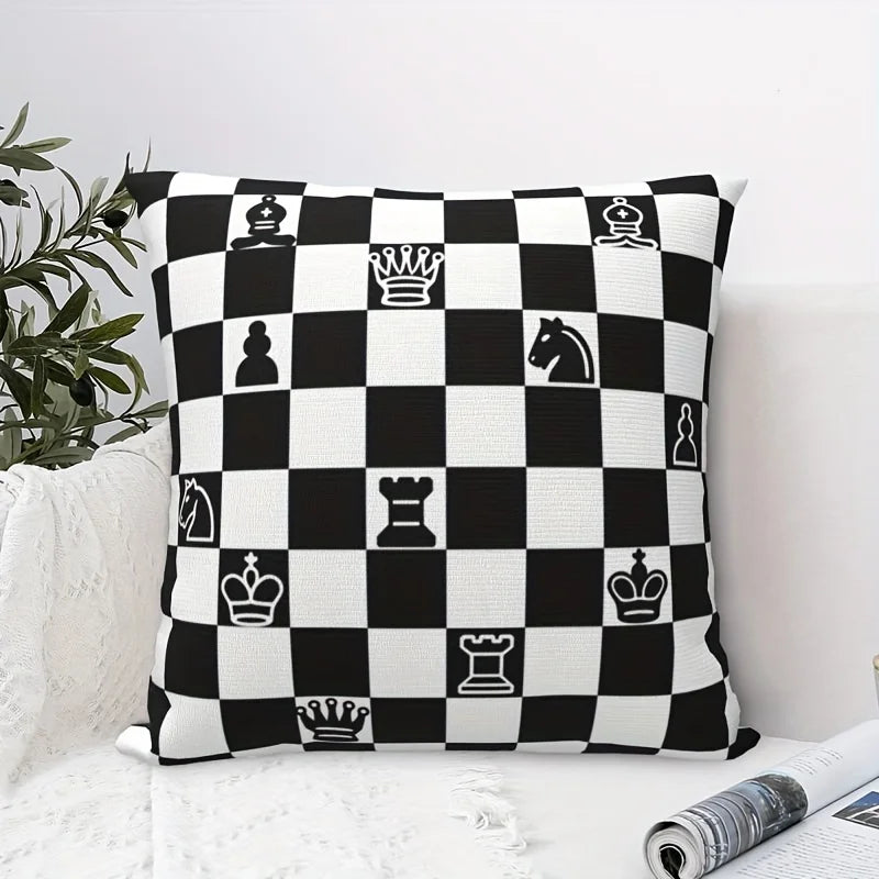 1Pc Chessboard Theme Pillowcase, Black & White Checkered Pattern with Chess Pieces, Decorative Cushion Cover for Home Decor