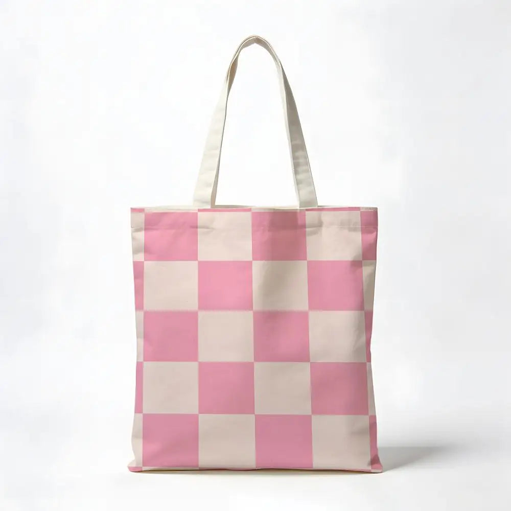 Checkerboard Checkered Board Storage Bags Washable Reversible Shopping Bag with White Handles, for Daily School & Market Use