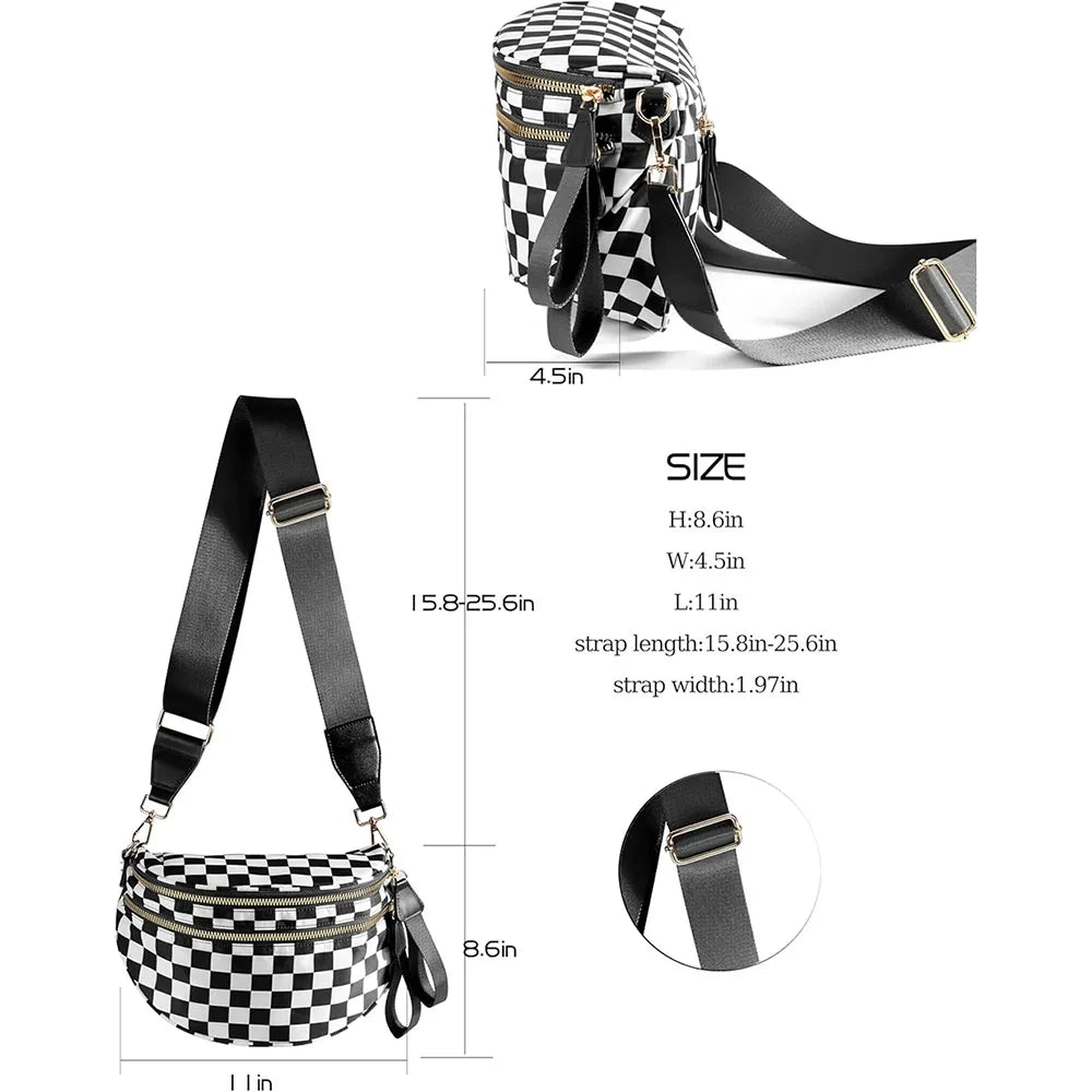 Checkered Crossbody Shoulder Bags High-Capacity Bum Bag for Women Travel Sling Bag Purse with Adjustable Strap