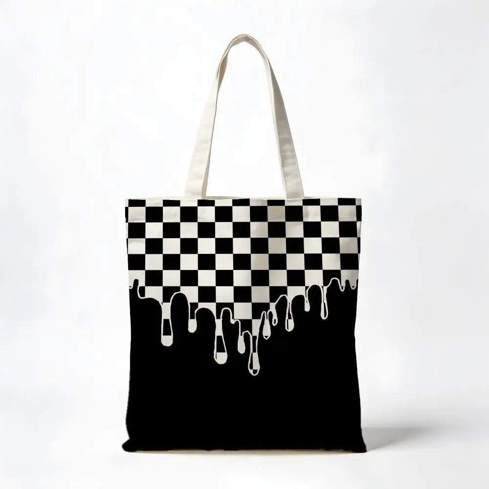Checkerboard Checkered Board Storage Bags Washable Reversible Shopping Bag with White Handles, for Daily School & Market Use