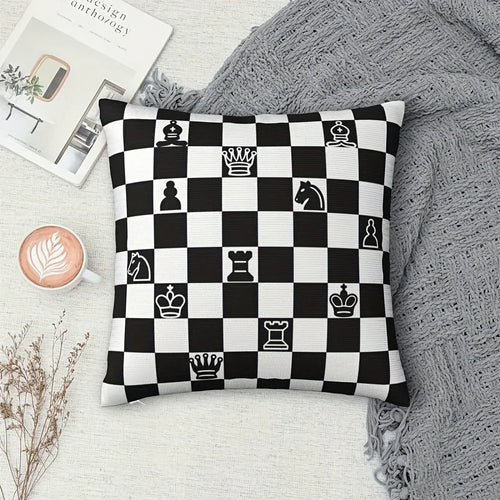 1Pc Chessboard Theme Pillowcase, Black & White Checkered Pattern with Chess Pieces, Decorative Cushion Cover for Home Decor