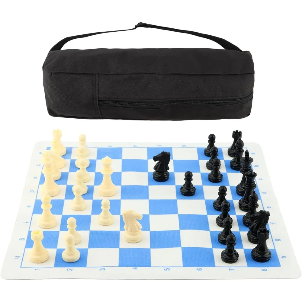 Portable Chess & Checkers Set, 35cm/13.78in Travel Board Games Tournament Chess Mat with Chess & Storage Bag