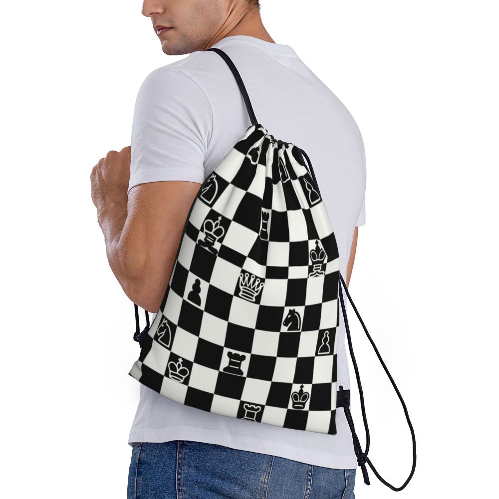 Custom Fashion Chess Drawstring Bags Women Men Lightweight Chessboard Game Sports Gym Storage Backpack