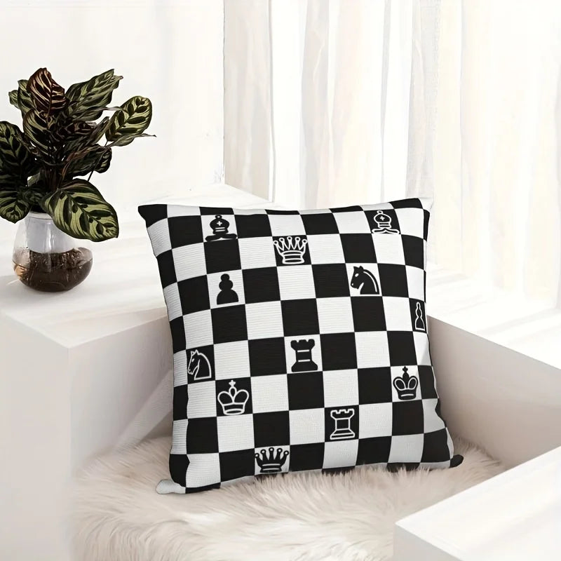 1Pc Chessboard Theme Pillowcase, Black & White Checkered Pattern with Chess Pieces, Decorative Cushion Cover for Home Decor