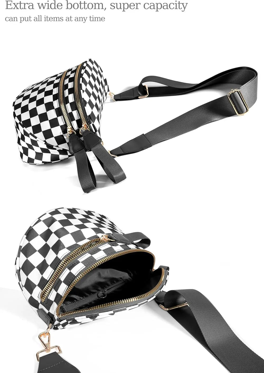 Checkered Crossbody Shoulder Bags High-Capacity Bum Bag for Women Travel Sling Bag Purse with Adjustable Strap