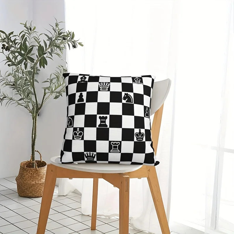 1Pc Chessboard Theme Pillowcase, Black & White Checkered Pattern with Chess Pieces, Decorative Cushion Cover for Home Decor